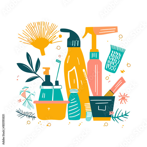 Hand drawn colorful cleaning supplies illustration with spray bottles, detergent pump, brushes, and plants in minimalist doodle style vector