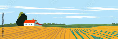 Minimalist flat vector illustration of rural landscape with cultivated golden field, small house with red roof, green trees, and blue sky background