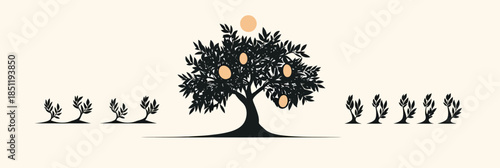 Minimalist vector illustration of mature olive tree with olives surrounded by small olive saplings with flat design style and muted color palette