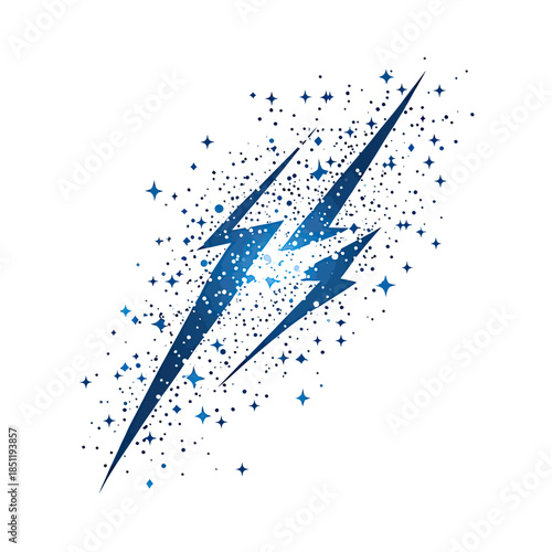 Abstract blue lightning bolt energy icon with scattered star particles and spark effects on white background vector illustration for technology and power concept design