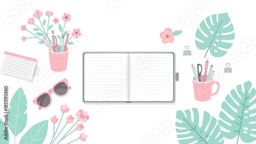 Floral workspace layout with open notebook and pink accents in flat design