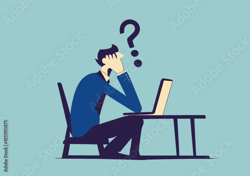 Businessman sitting at desk with laptop showing confusion and doubt with question mark over head in flat minimalist vector style illustration