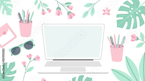 Minimalistic workspace with laptop and tropical floral accents in pastel shades