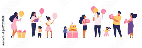 Group of diverse people celebrating birthday with balloons, cake, and gift boxes, happy festive party scene, flat minimalist vector illustration