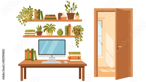 Modern home office with desktop computer and shelves of books and plants