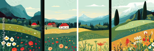 Panoramic four panel vector illustration of colorful wildflower fields with countryside houses and distant mountains in scenic landscape nature background