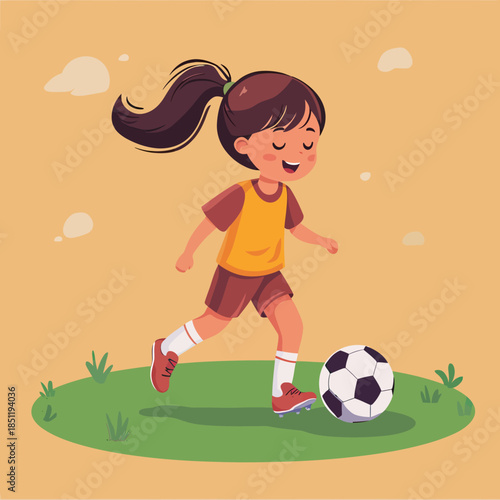 Young girl with ponytail playing soccer outdoors on grassy field kicking black and white soccer ball in casual sportswear and cleats smiling minimal flat vector illustration