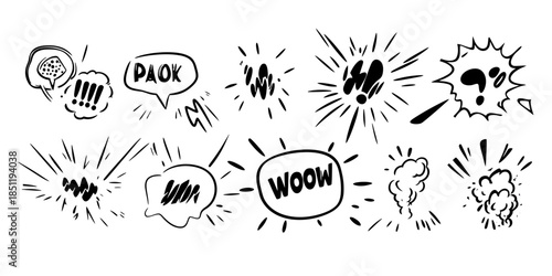 Hand drawn comic explosion elements set with speech bubbles and expressive bursts in black sketch style vector illustration for graphic design and pop art projects