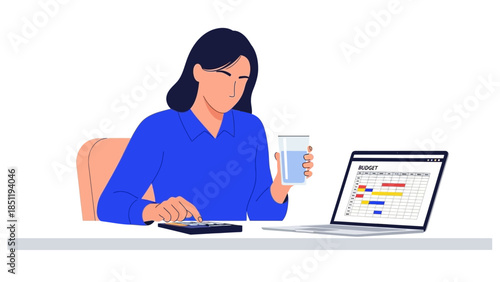 Businesswoman analyzing financial data with laptop and calculator at desk