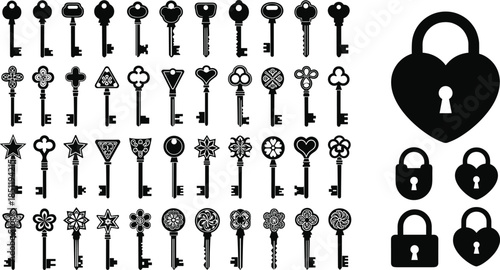 Large Collection of Vintage Skeleton Key Silhouettes and Heart Shaped Padlock Icons for Antique Design Decorative Vector Graphic Elements Set
