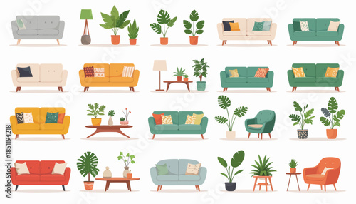Collection of furniture and house plants.