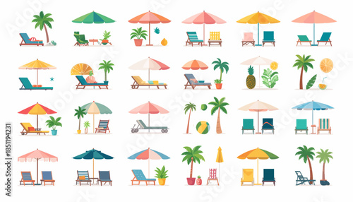 Colorful beach icons and symbols.