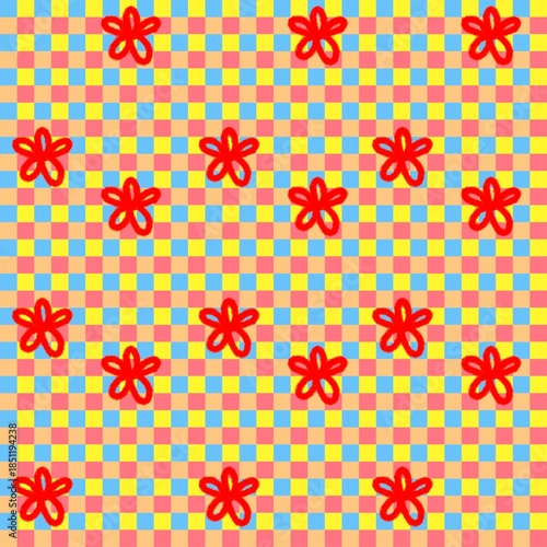 Gingham pattern with red flowers. For digital wallpapers, textile prints, and social media backgrounds