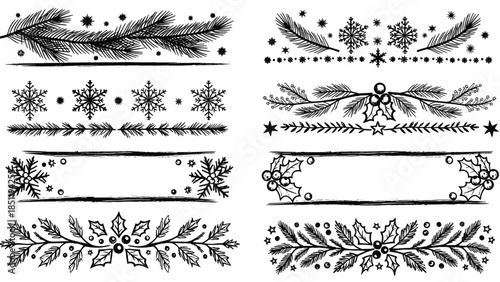 Chalkboard Style Christmas Dividers Vector Set, Hand Drawn Textured Winter Holiday Borders, Rustic Chalk Doodles