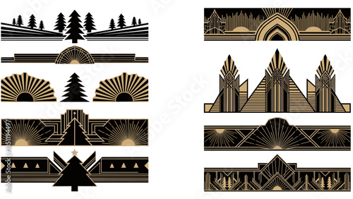 Art Deco Christmas Dividers Vector Set, 1920s Geometric Winter Holiday Borders, Gold and Black Gatsby Style