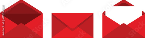 Three Red Envelopes in Different Open and Closed States on White Background mail letter