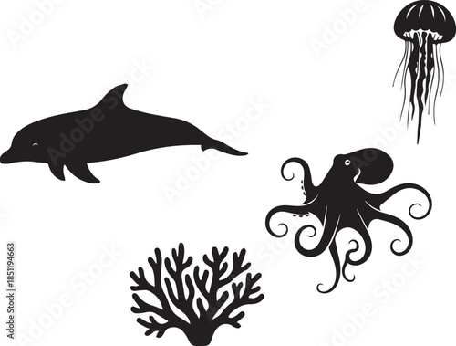 Ocean life silhouettes dolphin octopus jellyfish coral for underwater design and nature themes