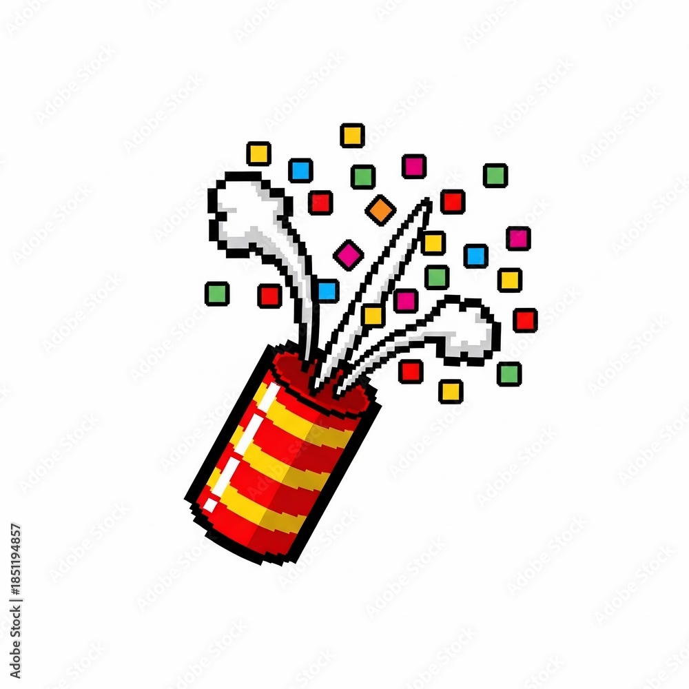 Obraz premium Pixel Art Party Popper Exploding Confetti Icon perfect for website banner, social media post, app icon, game asset, greeting card, presentation, blog graphic,