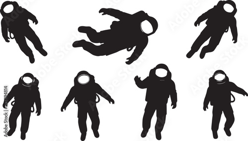 Diverse silhouettes of astronauts in space exploration poses for futuristic concepts