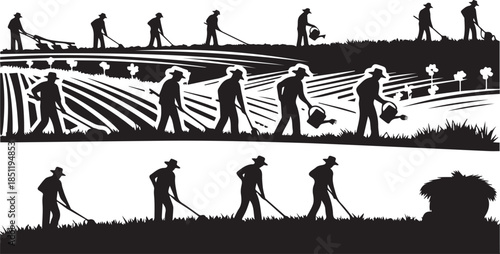 Agricultural workers in silhouette performing various farm tasks from planting to harvesting field operations