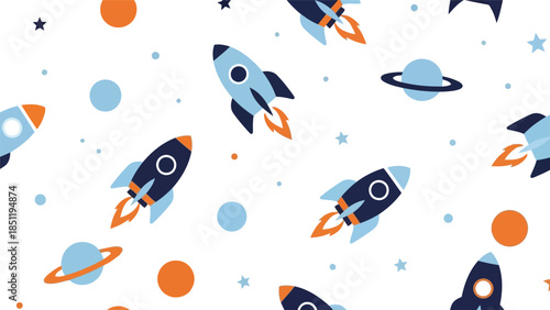 Colorful Space Adventure Pattern Vector with Rockets, Planets, and Stars for Fun and Engaging Designs