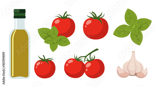 Fresh Ingredients for Cooking Tomatoes, Garlic, Basil, and Olive Oil