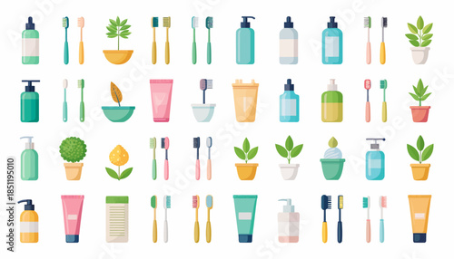 Colorful bathroom and beauty products icons.