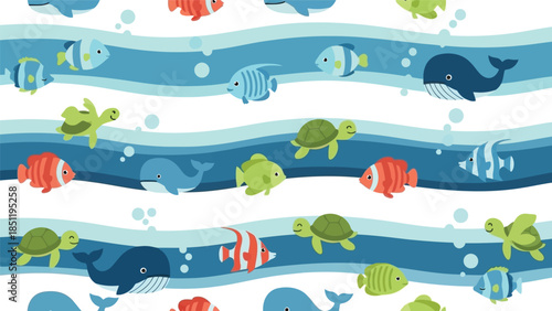 Colorful Marine Life Pattern Vector with Fish, Turtles, and Whales for Kids' Decor and Educational Purposes