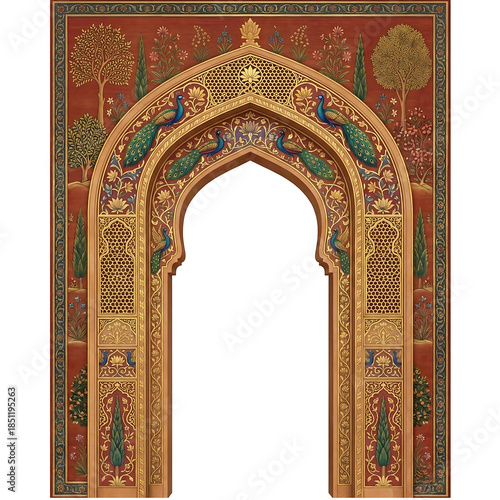 Intricate Indian Archway with Peacocks and Trees on White Background gateway ornate isolated on a transparent background