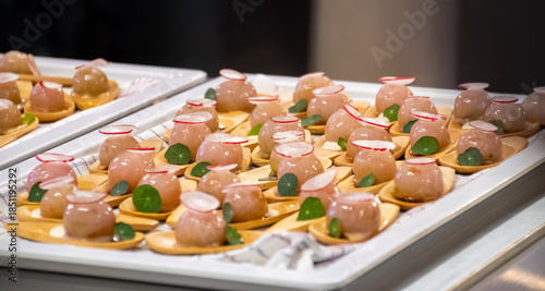 Special tasting event for visitors, pairing food with glass of champagne wine, delightful dishes prepared by renowned cook chefs at winter food and wine festival in France
