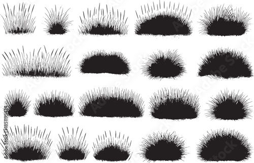 Collection of black brush stroke grass silhouettes on white background