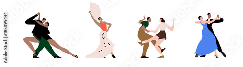 Set of pair dances. Dancers in pairs, men and woman partners, duets perform tango, bachata, waltz to music. Flat vector illustration isolated on white background.