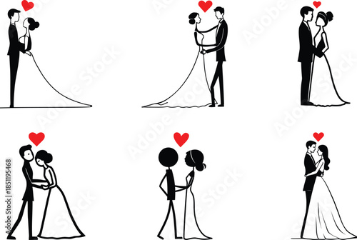 romantic stick figure of bride and groom with a red heart symbol vector set art and illustration
