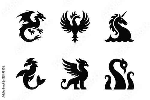 Mythical Creatures and Fantasy Beasts Black Silhouette Icon Set