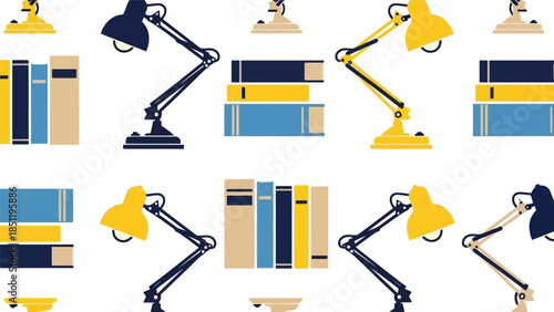 Creative Workspace Vector Illustration with Desk Lamps and Books for Home Office or Study Decor