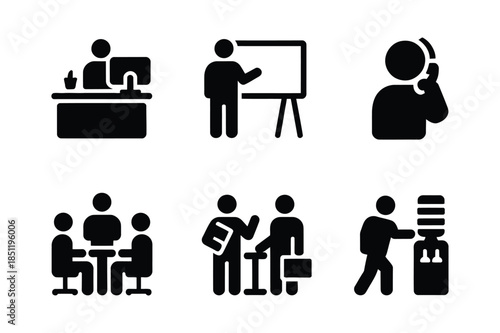 Business Workflow and Office Interaction Black Silhouette Icon Set