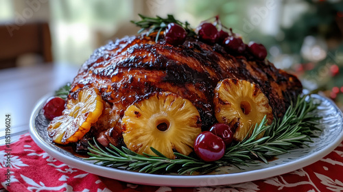 Traditional glazed Christmas ham with caramelized edges, garnished with pineapple slices, cherries, and rosemary on a festive red-and-white tablecloth 