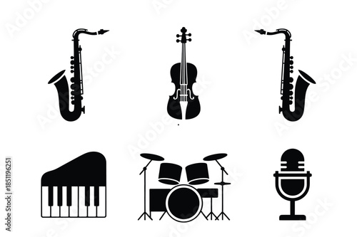 Musical Instruments and Sound Equipment Black Silhouette Icon Set