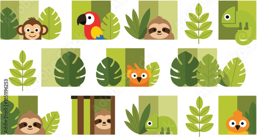 Colorful Jungle Animals Vector Art with Leaves and Tropical Elements for Nature Conservation and Kids' Projects
