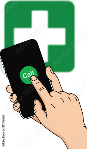 Hand holding smartphone with call button and green medical cross symbol.