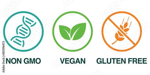 Non-GMO, Vegan, Gluten-Free Icons – Healthy Organic Food Symbols and Clean Product Labels Vector Illustration