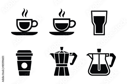 Minimalist black coffee icons set featuring moka pot and cups