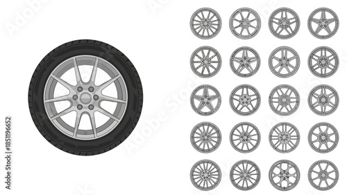 Collection of diverse automotive wheels and rims, isolated vector illustrations for vehicle design.