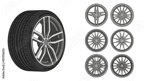 Automotive Tire with Sporty Wheel and Collection of Modern Vehicle Rim Designs
