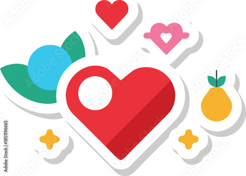 Colorful heart surrounded by fruits and stars