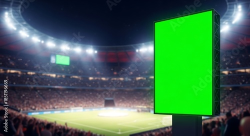 A prominent green screen billboard stands in a brightly lit, crowded sports stadium, ready for custom advertising or score updates