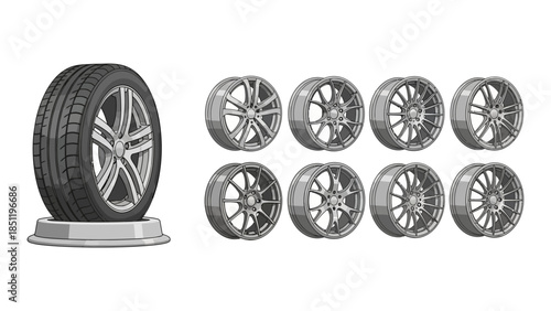 Showcasing Automotive Tire and Diverse Alloy Wheel Rim Designs Collection Illustration