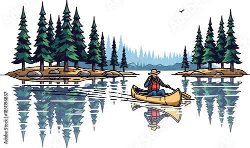 Man paddling canoe on serene lake surrounded by pine trees and islands.