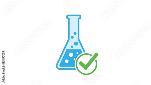 Clean science icon with beaker and check mark in flat design