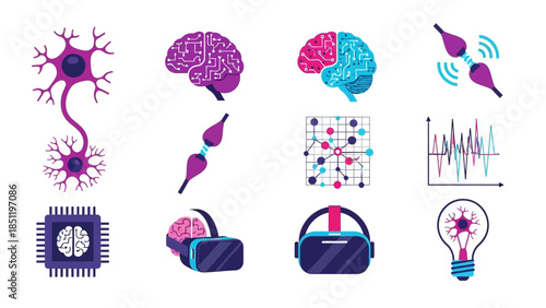 Neuroscience and technology icons: brain, neurons, and neural network concepts